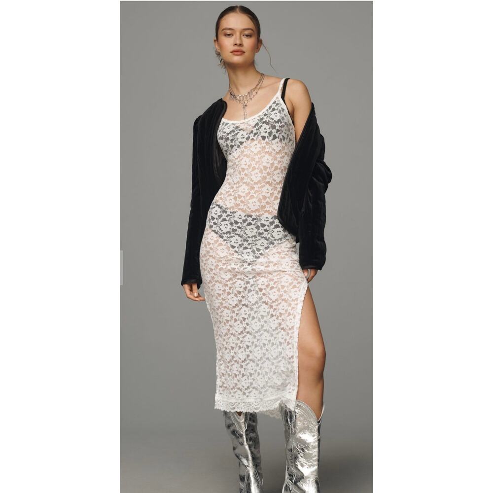 Anthropologie White Lace Sheer Midi Slip Dress Size Small